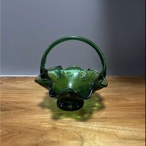 Vintage Fenton Green Glass Basket Ruffled Edge Thumbprint Pressed Glass Handle